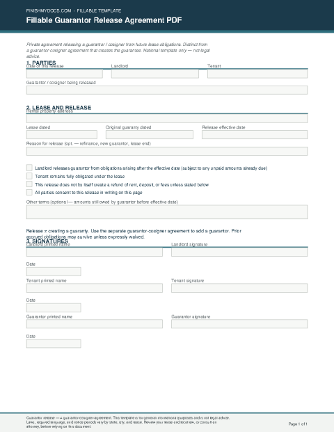 Fillable Guarantor Release Agreement PDF preview