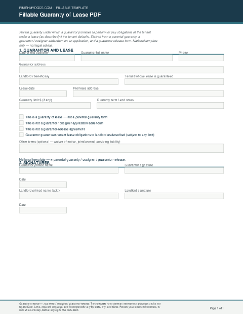 Fillable Guaranty of Lease PDF preview