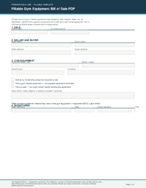 Fillable Gym Equipment Bill of Sale PDF preview