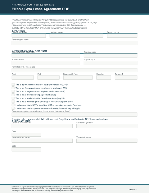 Fillable Gym Lease Agreement PDF preview