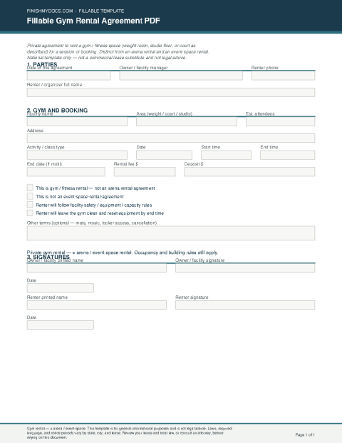 Fillable Gym Rental Agreement PDF preview