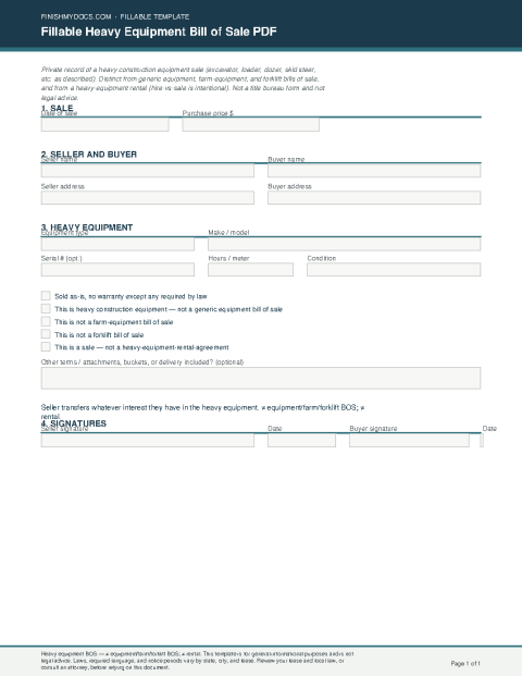 Fillable Heavy Equipment Bill of Sale PDF preview