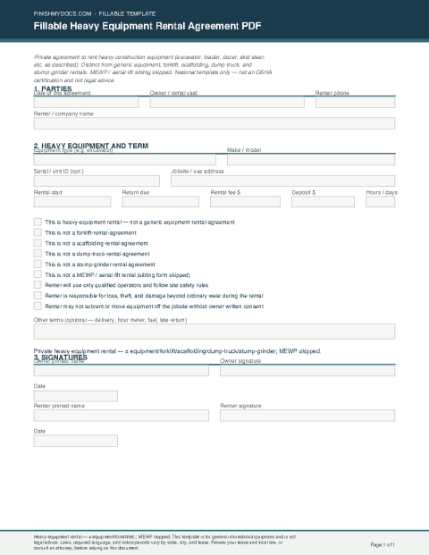 Fillable Heavy Equipment Rental Agreement PDF preview