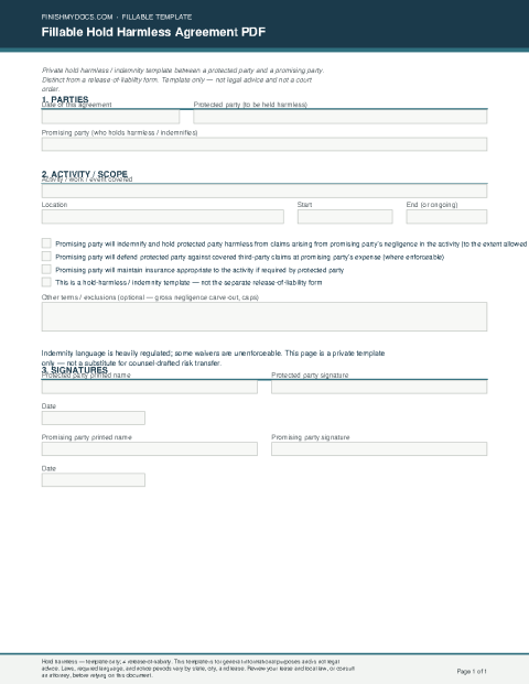 Fillable Hold Harmless Agreement PDF preview