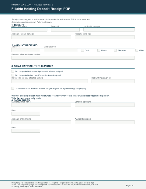 Fillable Holding Deposit Receipt PDF preview