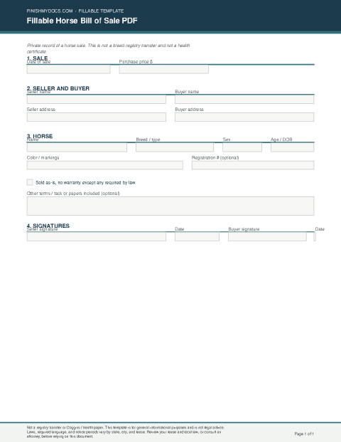 Fillable Horse Bill of Sale PDF preview