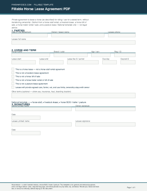 Fillable Horse Lease Agreement PDF preview