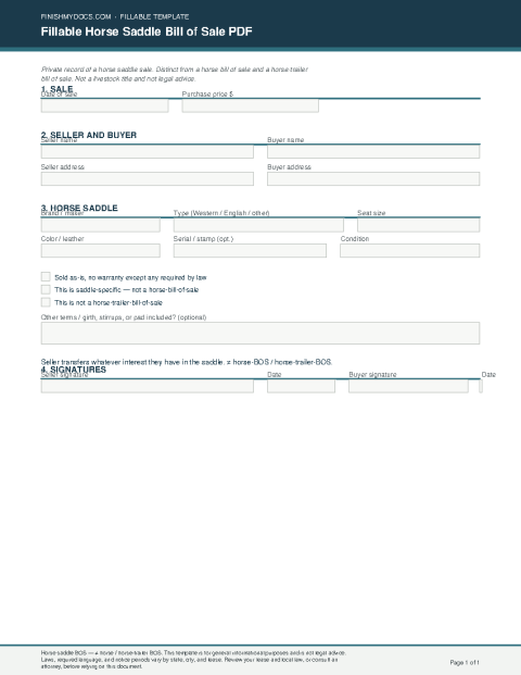 Fillable Horse Saddle Bill of Sale PDF preview