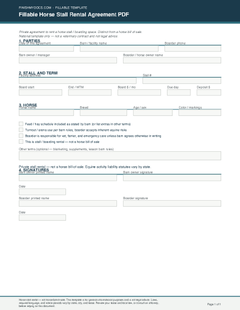Fillable Horse Stall Rental Agreement PDF preview