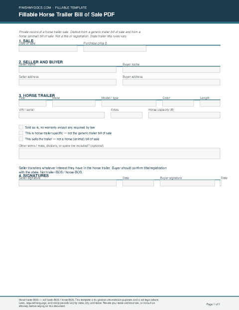 Fillable Horse Trailer Bill of Sale PDF preview