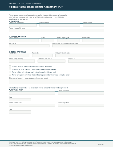 Fillable Horse Trailer Rental Agreement PDF preview