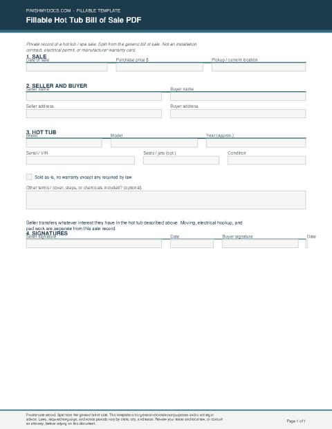 Fillable Hot Tub Bill of Sale PDF preview