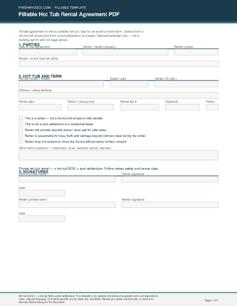 Fillable Hot Tub Rental Agreement PDF preview