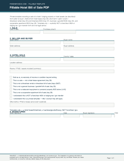 Fillable Hotel Bill of Sale PDF preview