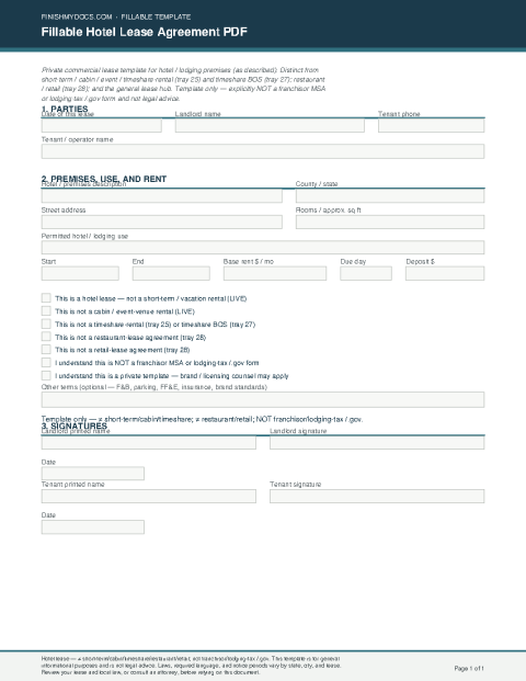 Fillable Hotel Lease Agreement PDF preview