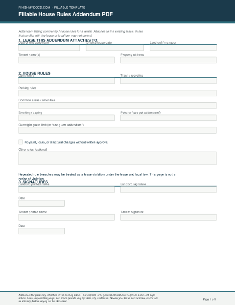 Fillable House Rules Addendum PDF preview