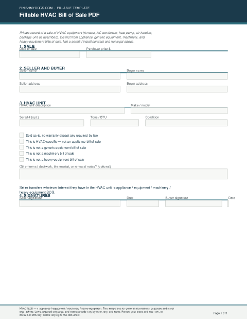 Fillable HVAC Bill of Sale PDF preview