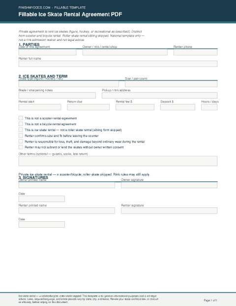 Fillable Ice Skate Rental Agreement PDF preview