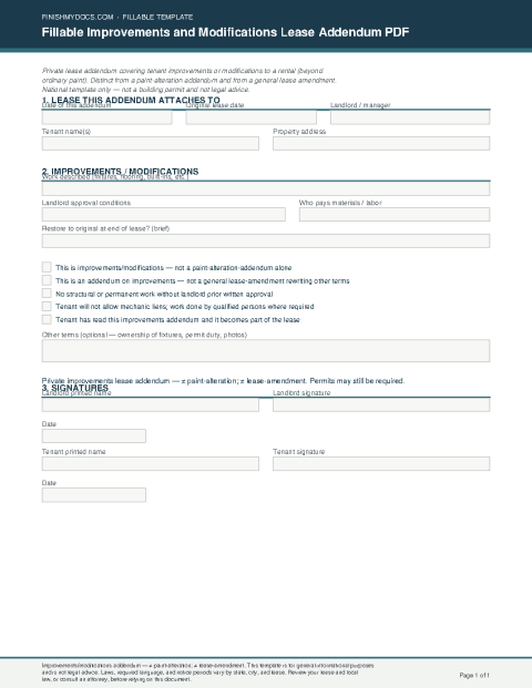 Fillable Improvements and Modifications Lease Addendum PDF preview