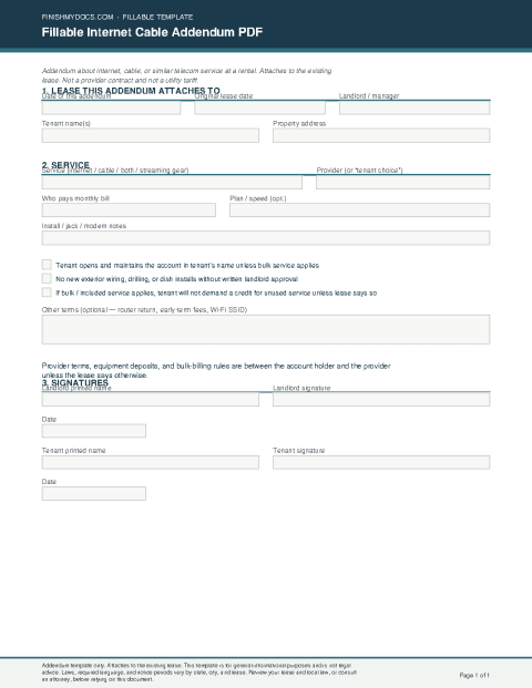 Fillable Internet Cable Addendum PDF preview