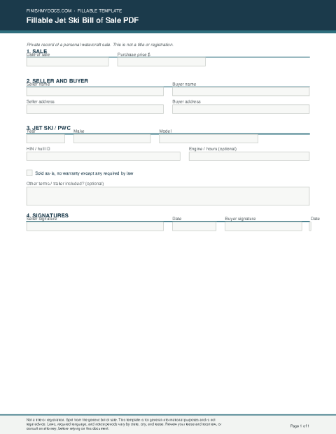 Fillable Jet Ski Bill of Sale PDF preview