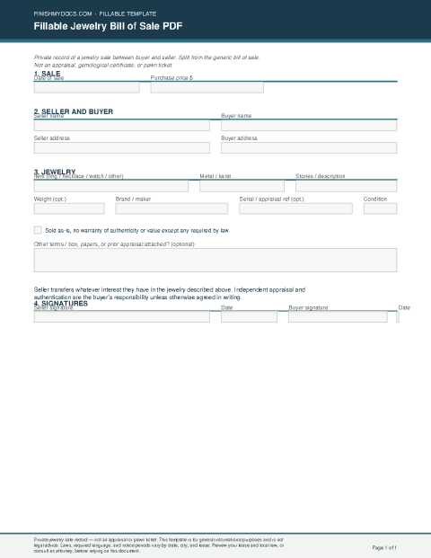 Fillable Jewelry Bill of Sale PDF preview