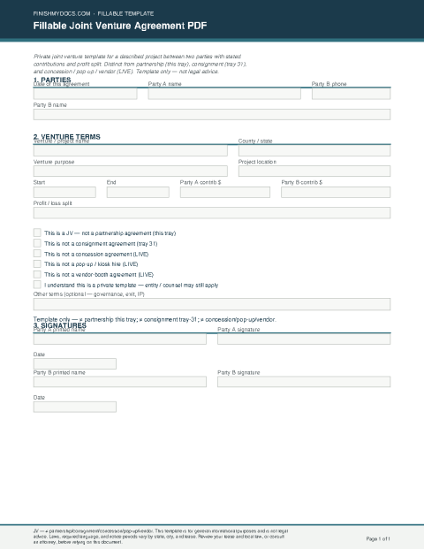 Fillable Joint Venture Agreement PDF preview