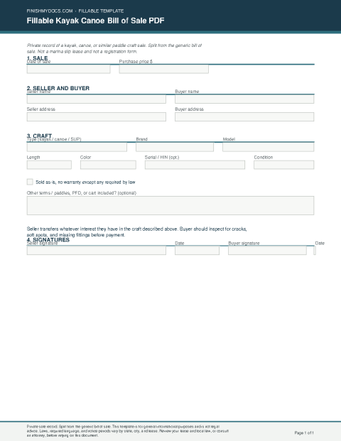 Fillable Kayak Canoe Bill of Sale PDF preview