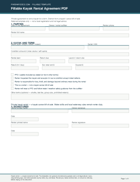 Fillable Kayak Rental Agreement PDF preview
