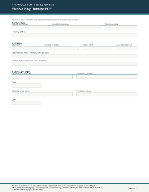 Fillable Key Receipt PDF preview