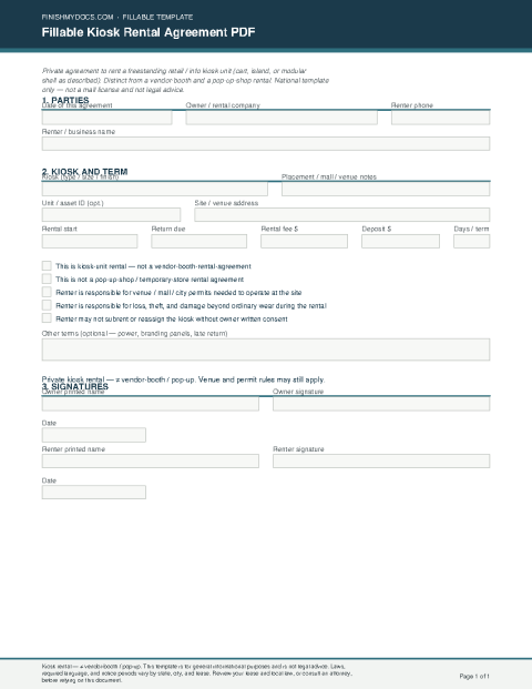 Fillable Kiosk Rental Agreement PDF preview