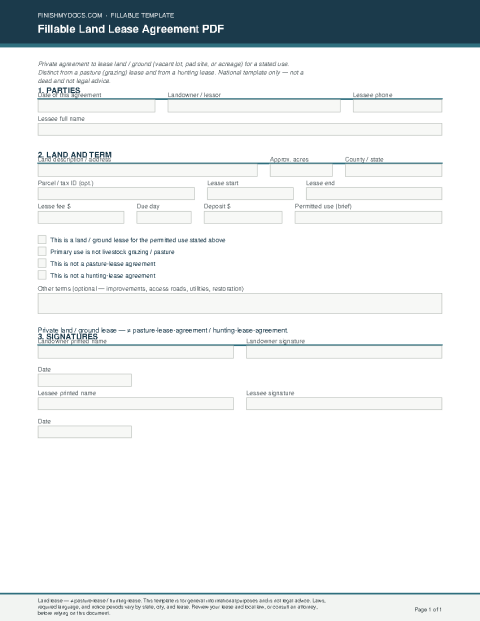 Fillable Land Lease Agreement PDF preview