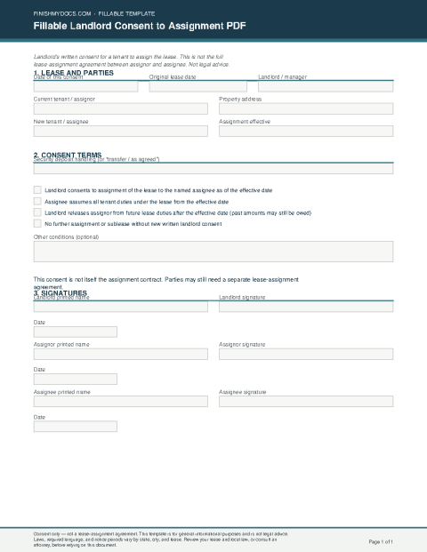 Fillable Landlord Consent to Assignment PDF preview