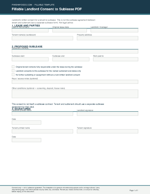 Fillable Landlord Consent to Sublease PDF preview