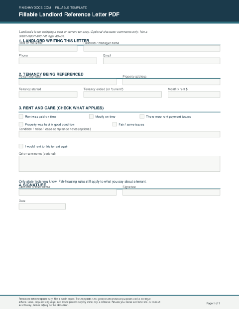 Fillable Landlord Reference Letter PDF preview