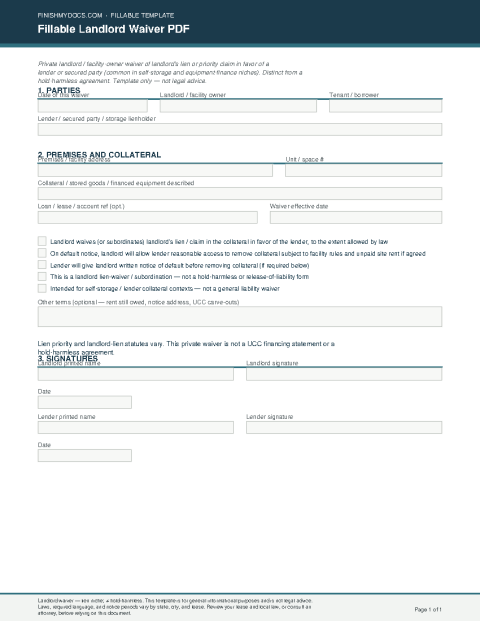 Fillable Landlord Waiver PDF preview
