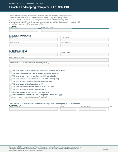 Fillable Landscaping Company Bill of Sale PDF preview