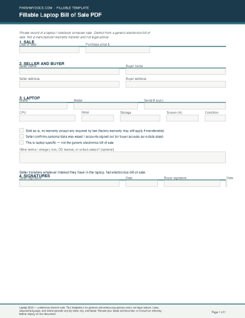 Fillable Laptop Bill of Sale PDF preview