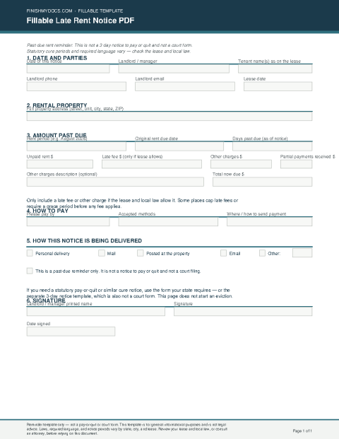Fillable Late Rent Notice PDF preview
