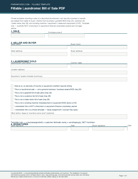 Fillable Laundromat Bill of Sale PDF preview