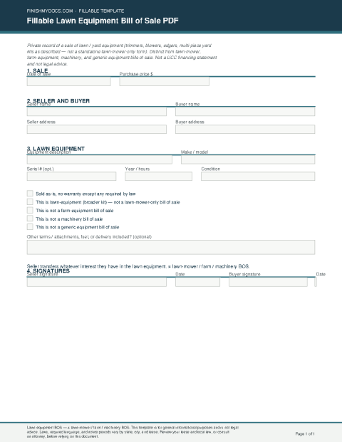 Fillable Lawn Equipment Bill of Sale PDF preview