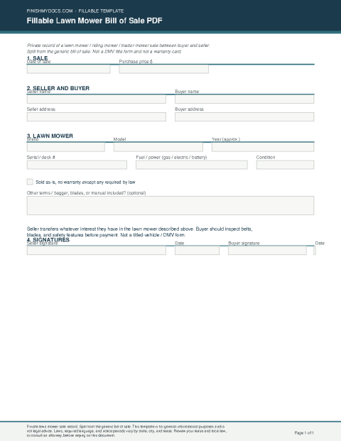 Fillable Lawn Mower Bill of Sale PDF preview