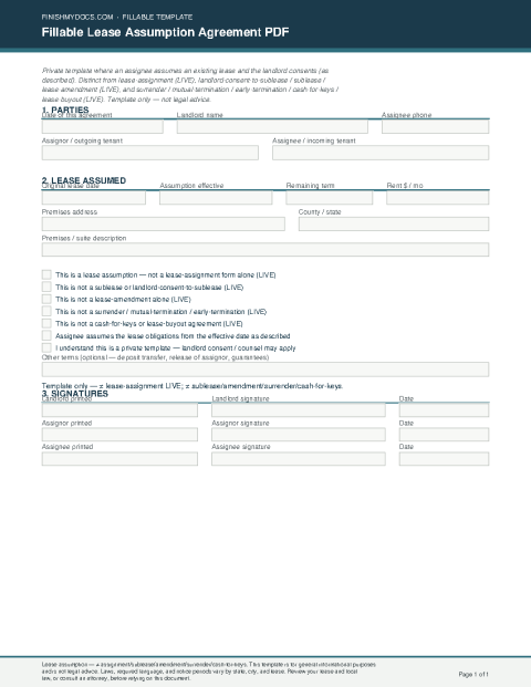 Fillable Lease Assumption Agreement PDF preview