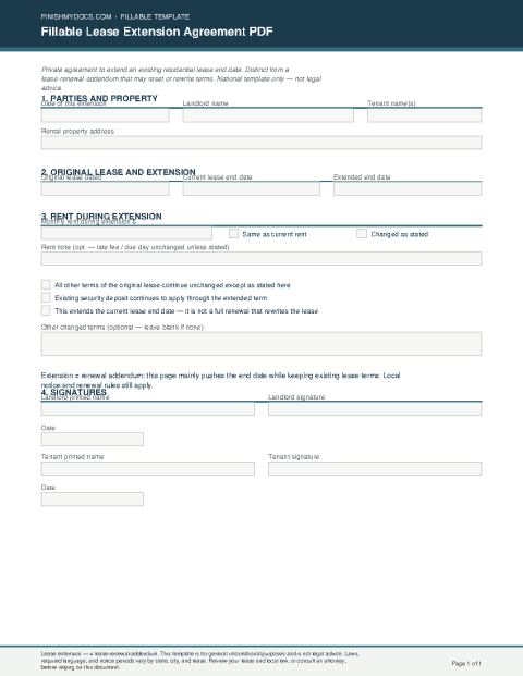 Fillable Lease Extension Agreement PDF preview