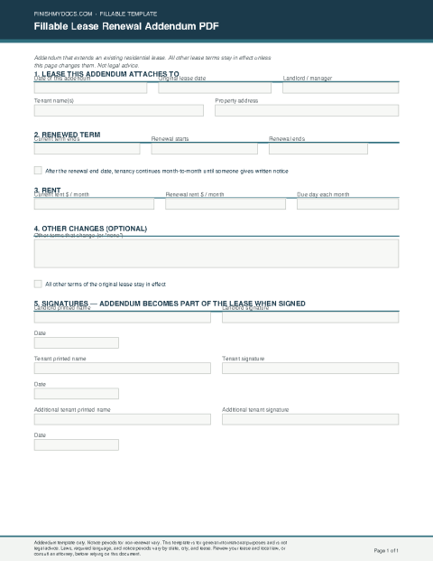 Fillable Lease Renewal Addendum PDF preview