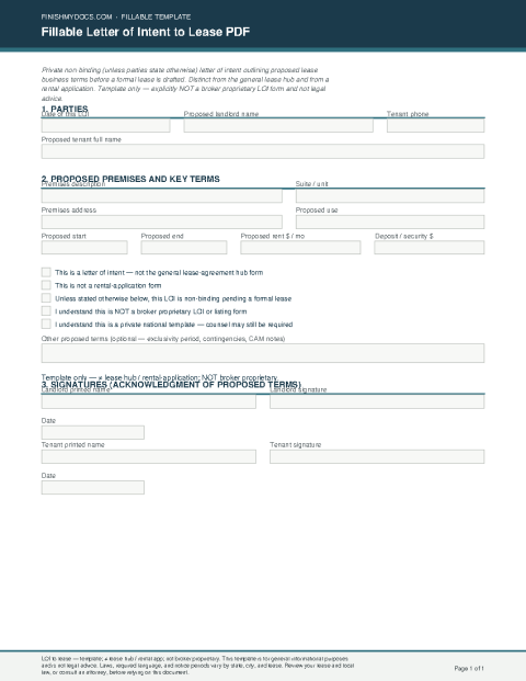 Fillable Letter of Intent to Lease PDF preview