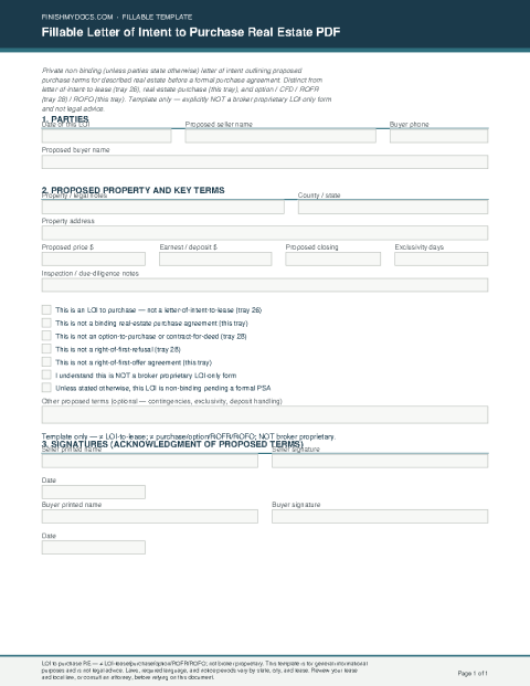 Fillable Letter of Intent to Purchase Real Estate PDF preview