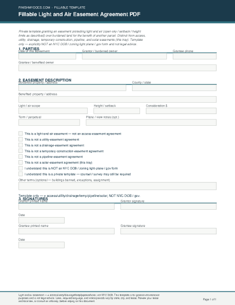 Fillable Light and Air Easement Agreement PDF preview