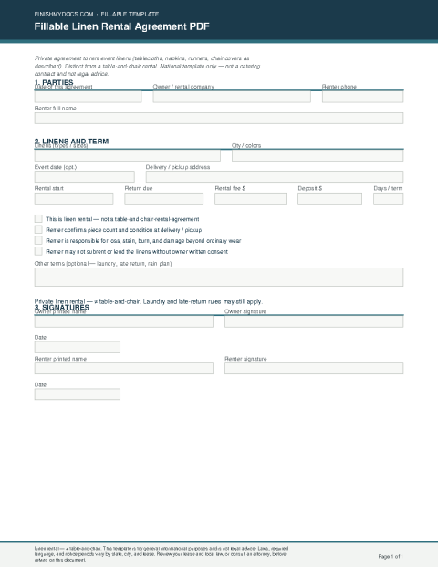 Fillable Linen Rental Agreement PDF preview