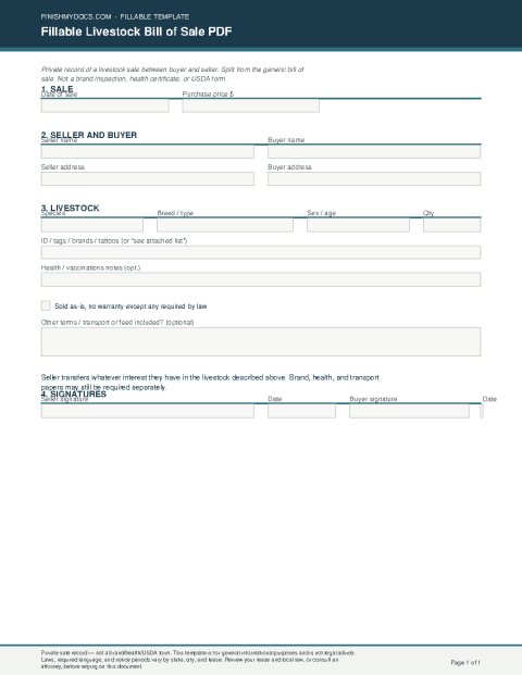 Fillable Livestock Bill of Sale PDF preview